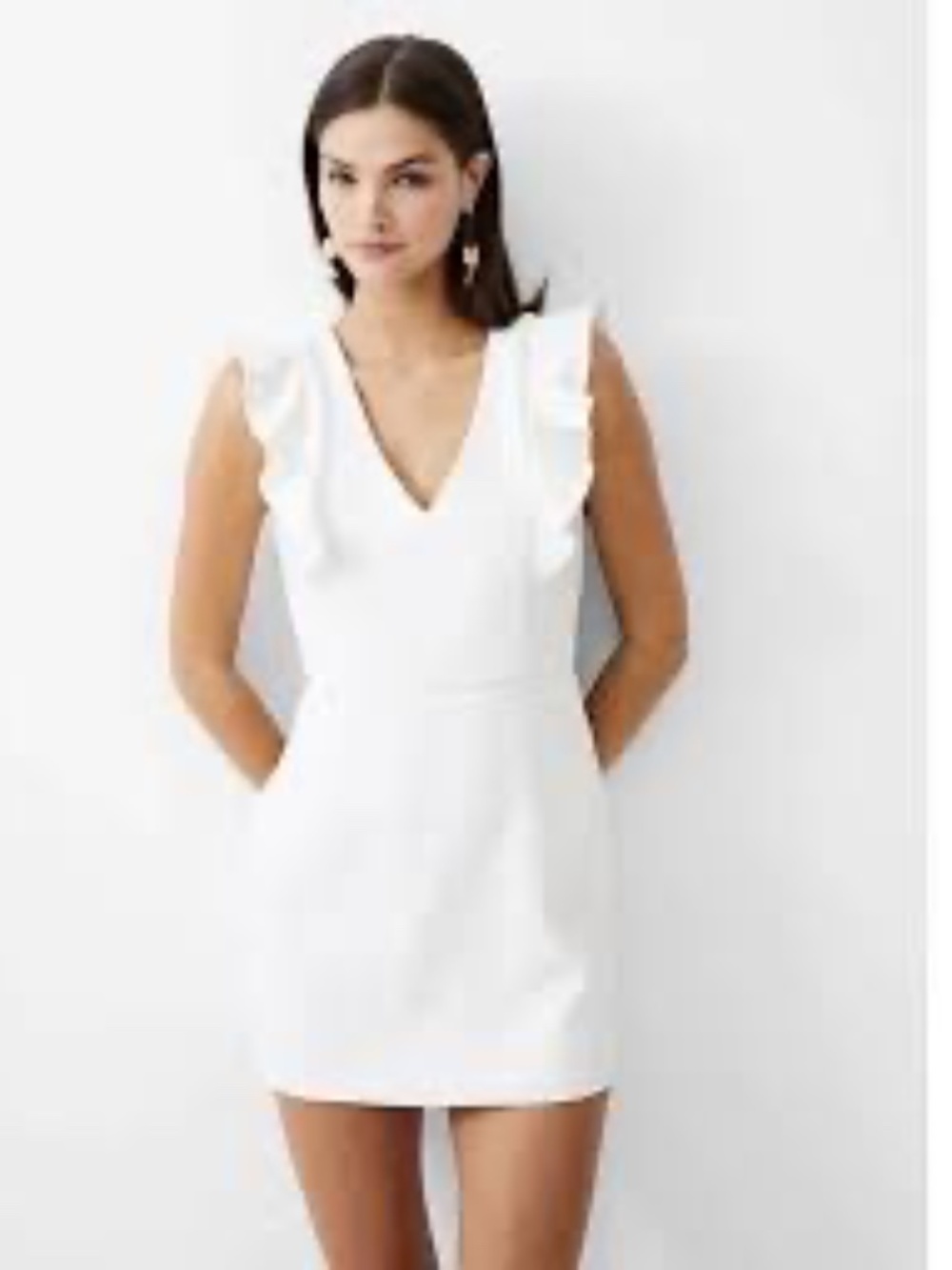 French Connection White Whisper Ruffled V-Neck Mini Dress | Size 0 US / 4 UK